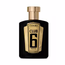 Frasco de item de perfumaria preto e dourado com rótulo destacado "Eudora Club 6 Prestige". O frasco possui formato retangular com detalhes geométricos dourados na tampa e na parte inferior. 